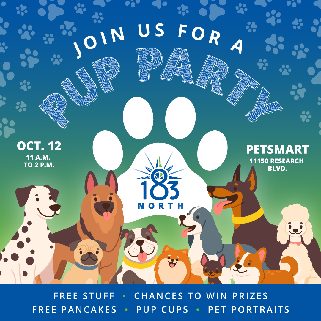Flyer for details of pup party held 11-2 p.m. October 12 at Petsmart 11150 Reseacrh Blvd